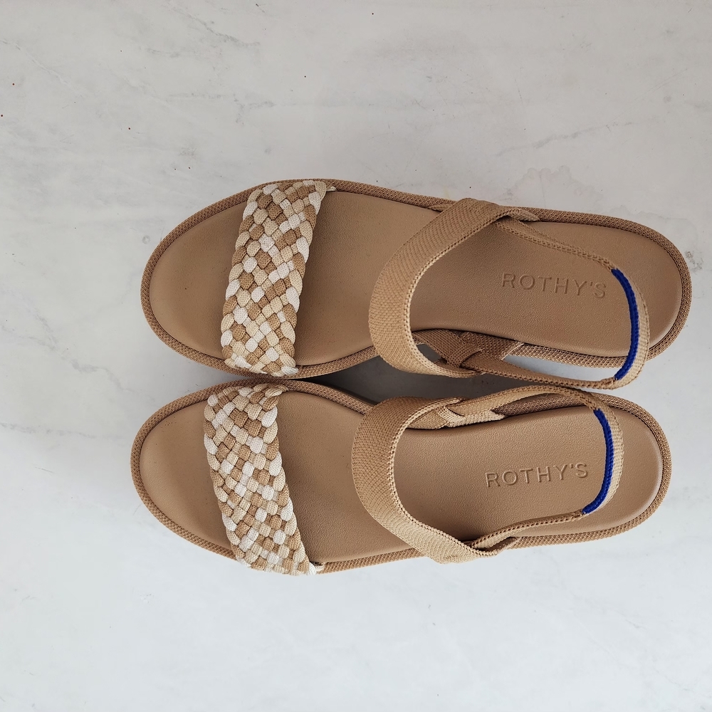 Rothy's Lightweight Wedge Sandal Size 8 Ivory Camel Beach Sand Woven - Picture 2 of 10